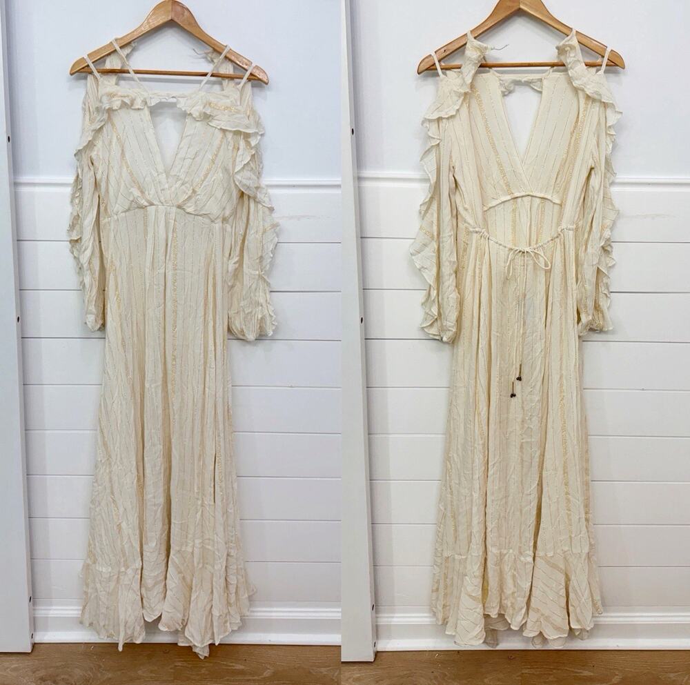 NWT! Free People Huxley Maxi Dress Ruffle Open Back Metallic Stripe XS *read